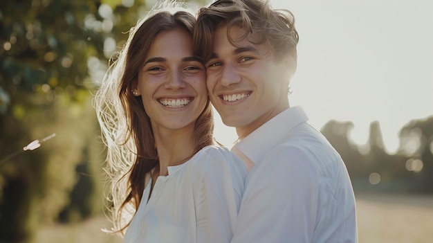 a happy couple 20 years old dressed in white facing the camera positioned on the left side of the scene smiling very happy realistic image ar 169 Job ID 29ca7dbe65264983ad9a5eb916fb7add