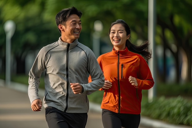 Happy couple of Asian adults jogging in the morning