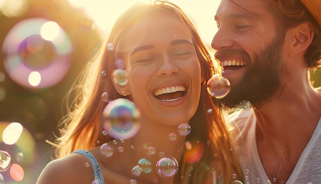 Photo happy couple blowing colorful bubbles outdoors in sunlight spreading joy and happiness