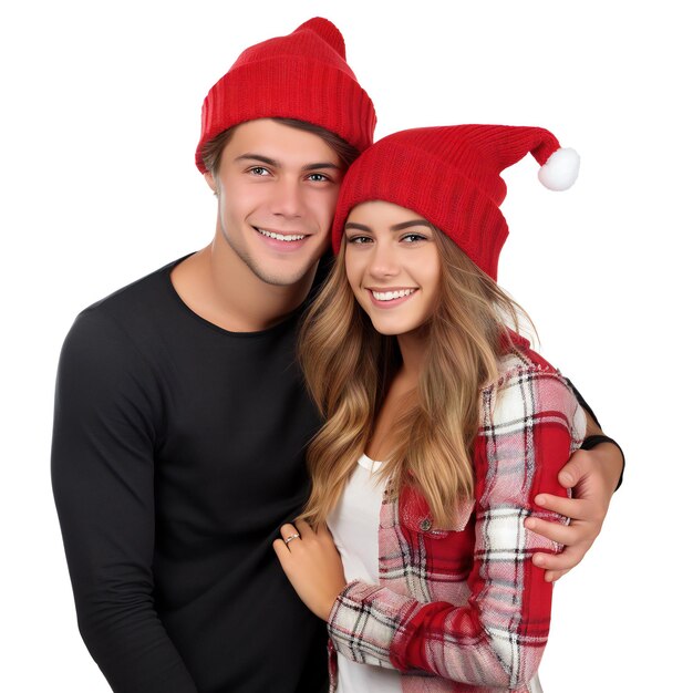 Photo happy couple celebrating christmas wearing christmas hats on isloated background