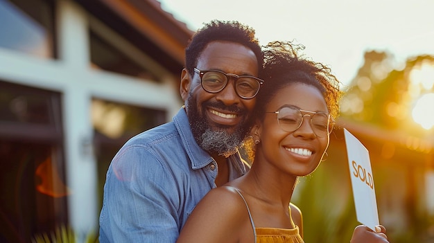 Happy couple celebrating home purchase in the afternoon sun