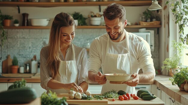 Photo happy couple cooking together in kitchen preparing healthy food dinner date lifestyle love happiness