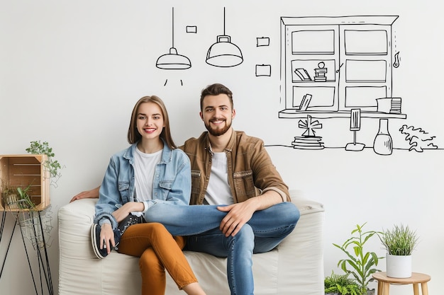 Happy couple dreaming of new home by white wall with window lamp bookcase and painting