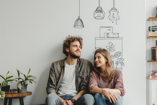 Happy couple dreaming of new home with window lamp bookcase and painting on white wall