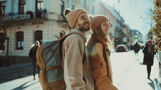 Photo a happy couple dressed in cozy winter clothes enjoys a sunny day walking through a charming bustling street