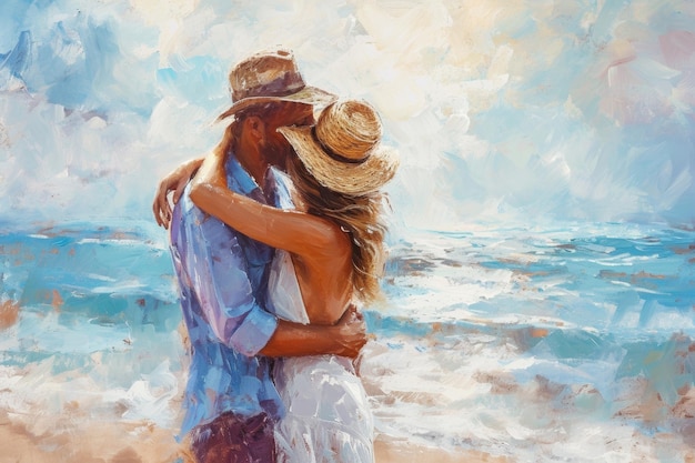 Happy Couple Embraces Affectionately Basking In Loves Warmth On Idyllic Shore