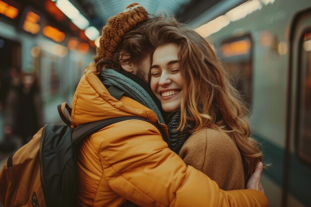 Photo happy couple embraces warmly at a metro station their love evident in the woman39s comforting smile