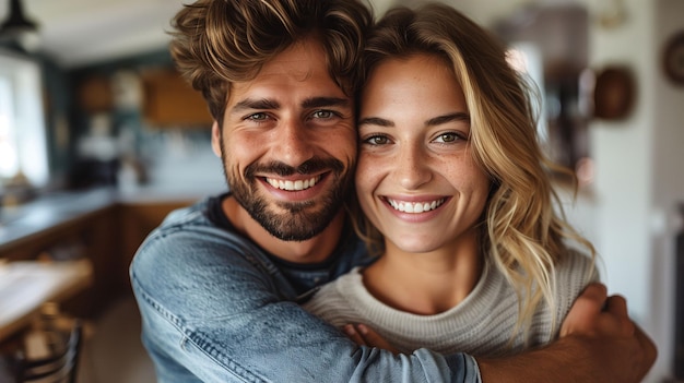 Photo happy couple embracing in cozy home