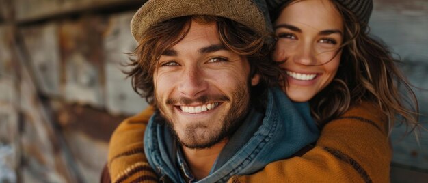 Photo happy couple embracing outdoors in cozy attire smiling for a warm autumn portrait