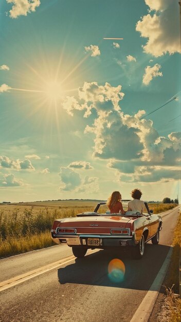 Photo happy couple enjoying a cabrio road trip