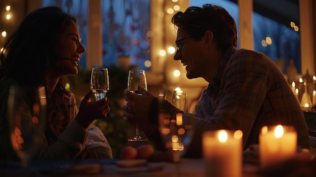 Photo happy couple enjoying a glass of wine during a romantic candlelit dinner ai generated images