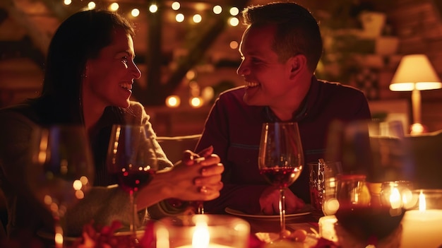 Happy couple enjoying a glass of wine during a romantic candlelit dinner AI generated images