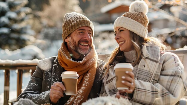 Photo happy couple enjoying hot drinks outdoors in winter wonderland