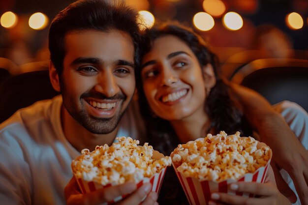 Photo happy couple enjoying popcorn movie and snacks at the theater during a romantic cinema night