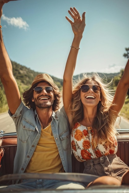 Happy Couple Enjoying a Sunny Convertible Road Trip