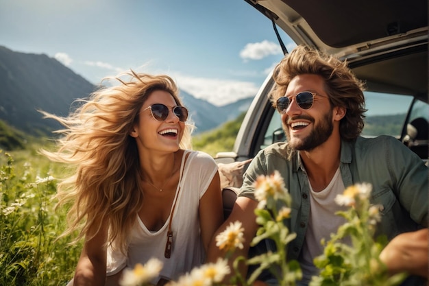 Happy Couple Enjoying a Sunny Convertible Road Trip