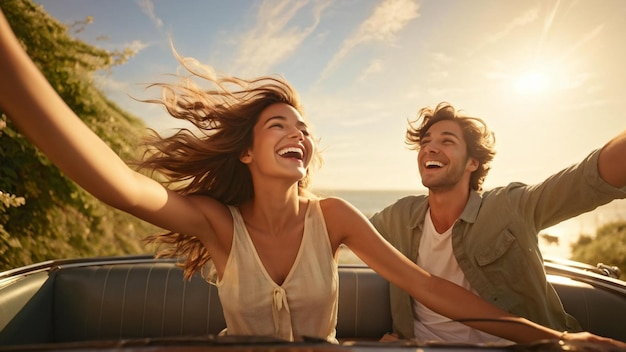 Photo happy couple enjoying a sunny convertible road trip