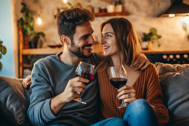 Happy Couple Enjoying Wine at Home with AI generated