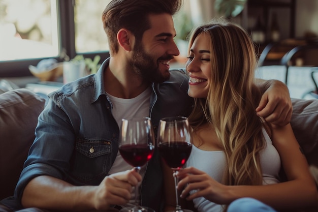 Happy Couple Enjoying Wine at Home with AI generated