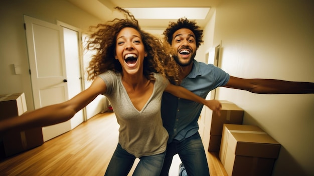 Happy couple excited about moving into new house