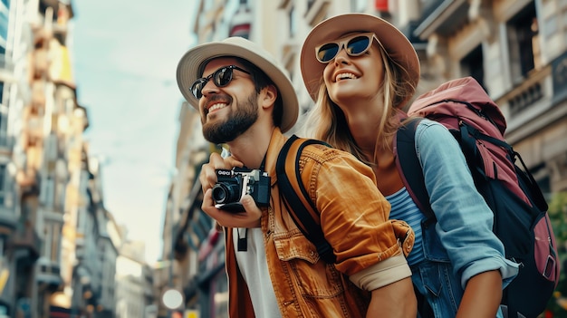 Photo happy couple exploring a city together holding a camera and looking up