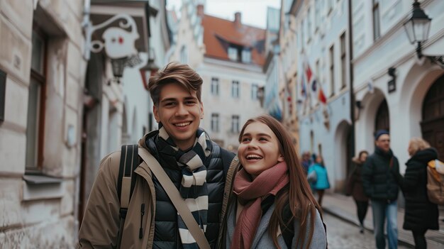 Happy Couple Exploring Tallinns Historic Streets on a Cold Day