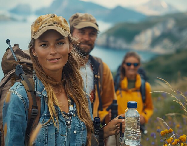 Photo happy couple hiking in scenic mountain landscape