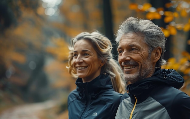 Happy Couple Hiking Through Fall Foliage in Forest