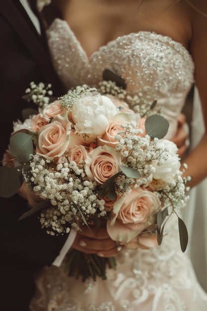 Photo a happy couple holding a beautiful bouquet of flowers perfect for wedding or romantic occasion