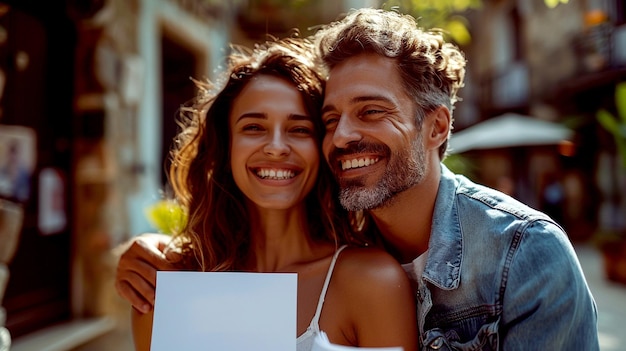 Happy couple holding a blank sign outdoors