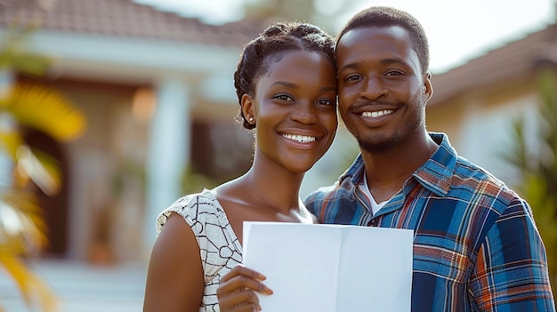 Happy couple holding document outside home