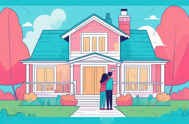 happy couple holding hands looking at newly constructed house back view flat illustration