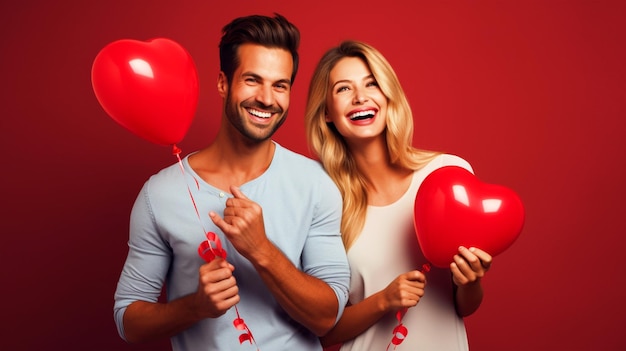 Photo happy couple holding heart shaped balloons in hands