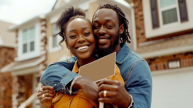 Happy couple holding home sign in front of new house