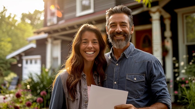 Happy couple holding papers in front of their new home