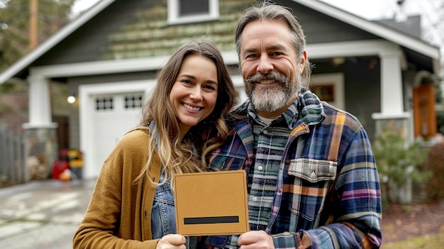 Happy couple holding a sign in front of their new home