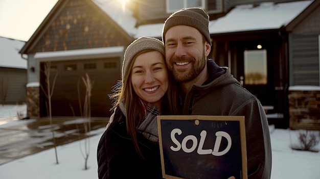 Happy couple holding sold sign in front of new home