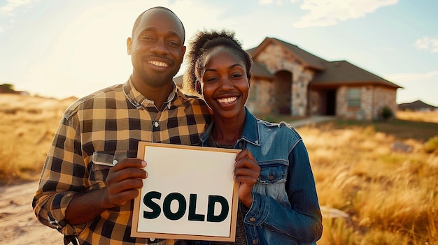 Happy couple holding sold sign in front of new house