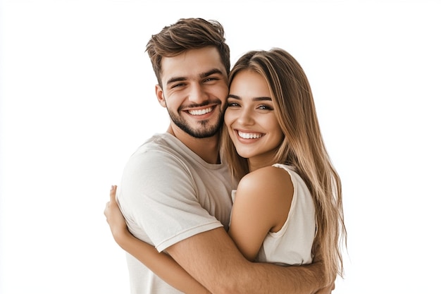 Photo a happy couple hugging in front of a white backgro