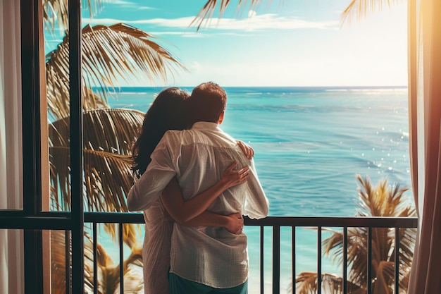 Happy couple hugging on hotel balcony with sunny ocean view