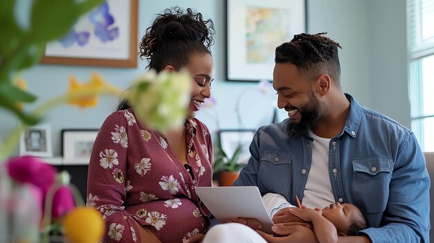 Photo a happy couple is sitting on a couch in their home the woman is holding a book and the man is holding their baby