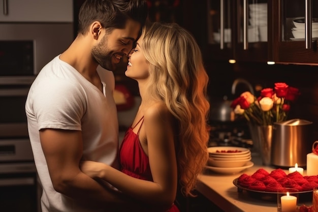 Happy couple kissing with red roses in kitchen for anniversary or valentines day