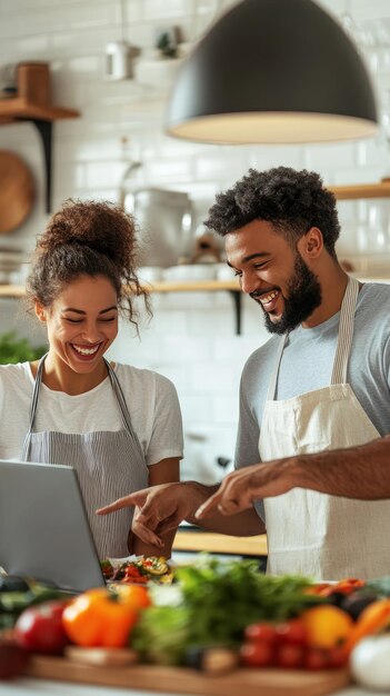 Photo happy couple in the kitchen one wearing an apron