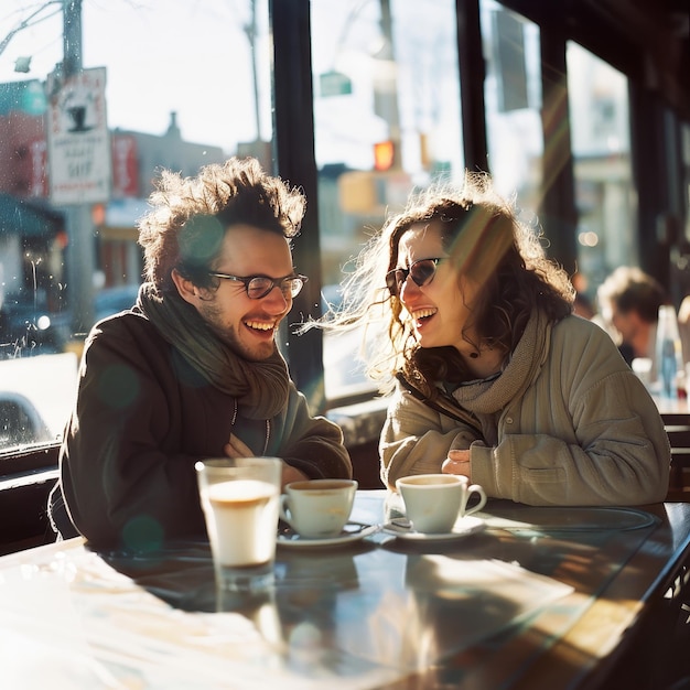 Photo happy couple laughing over coffee in cozy cafe sunlight streaming through window candid moment