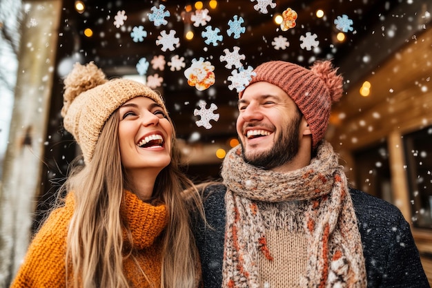 Photo happy couple laughing together in a winter setting surrounded by snowflakes capturing the joy and w