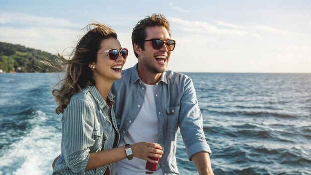 Happy couple laughing traveling in summer by sea man and woman wearing sunglasses