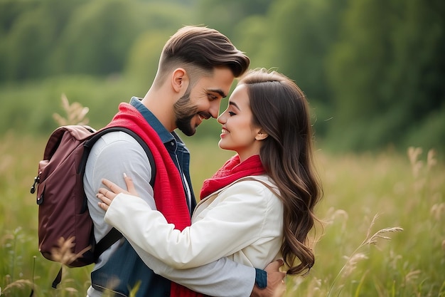 Happy couple in love in nature Valentines Day