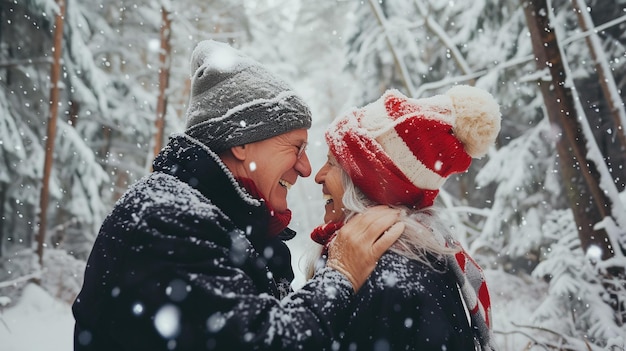 Happy couple in love walking in the winter forest