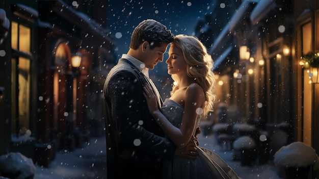 Happy couple in a magical winter scene