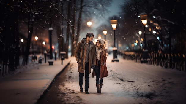 Happy couple in a magical winter scene